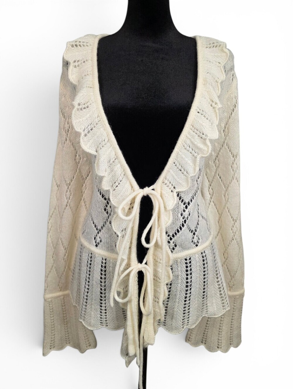 Ivory Open Knit Tie Front Bell Sleeve Cardigan Large Vintage Y2K Fairycore
